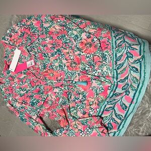 Lilly Pulitzer Coral Pink & Teal Floral Border Tunic